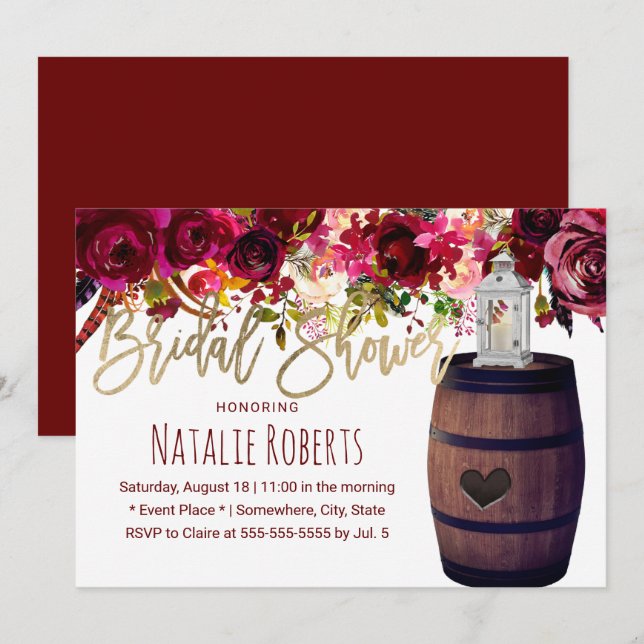 Invitación Marsala Floral Lantern Wine Barrel Bridal Shower (Anverso / Reverso)
