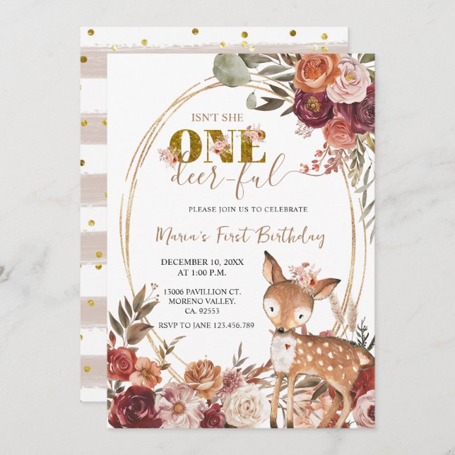 Invitación Marsala Floral One Deer Ful Chica Primer cumpleaño (Anverso / Reverso)
