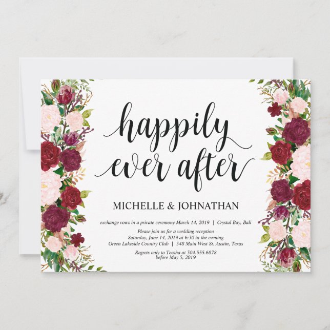 Invitación Marsala floral rosa Feliz para siempre, Elopement (Anverso)