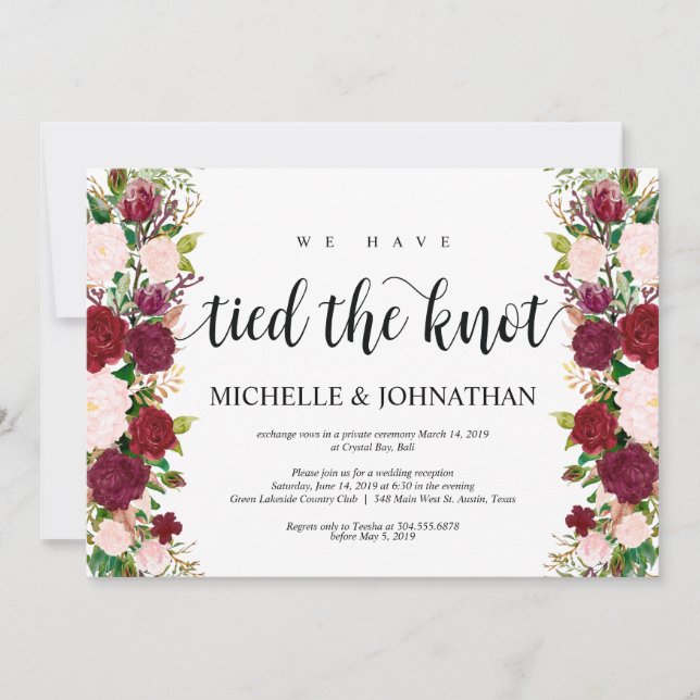 Invitación Marsala floral rosa, Nos casamos, Fuga de novios (Anverso)