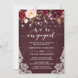 Invitación Marsala Floral String Lights Lace Engagement Party