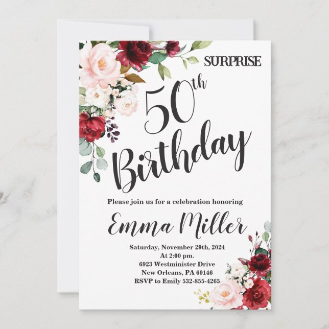 Invitación Marsala Floral Surprise 50th Birthday (Anverso)