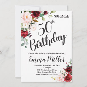 Invitación Marsala Floral Surprise 50th Birthday