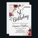 Invitación Marsala Floral Surprise 80th Birthday<br><div class="desc">Invitación de cumpleaños 80 a Borgoña Surprise, Invitación de cumpleaños con flores rojas, Invitación de cumpleaños sorpresa de Marsala. Haga clic en el botón personalizar para obtener más flexibilidad a la hora de modificar el texto o mover los gráficos. Póngase en contacto con nosotros si necesita que este diseño se...</div>