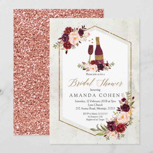 Invitación Marsala Floral Wine Tasting Bridal Shower (Anverso / Reverso)
