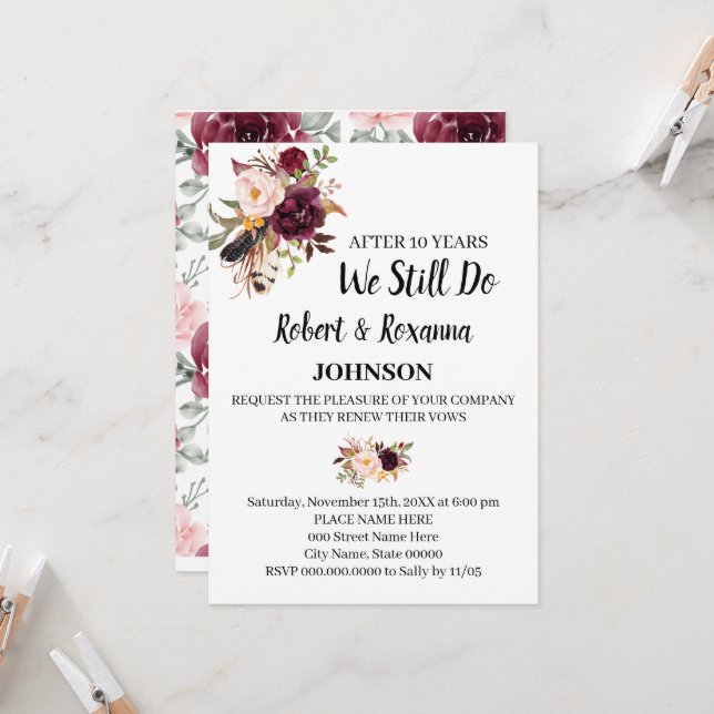 Invitación Marsala Flores Boda Aniversario Votos de renovació (Anverso/Reverso In Situ)