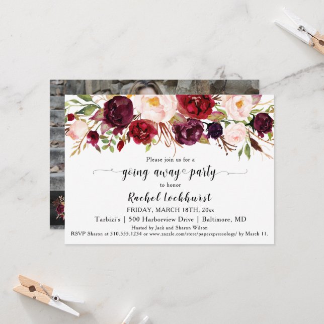 Invitación Marsala Flores rosas abandonando el Fiesta Adiós (Anverso/Reverso In Situ)