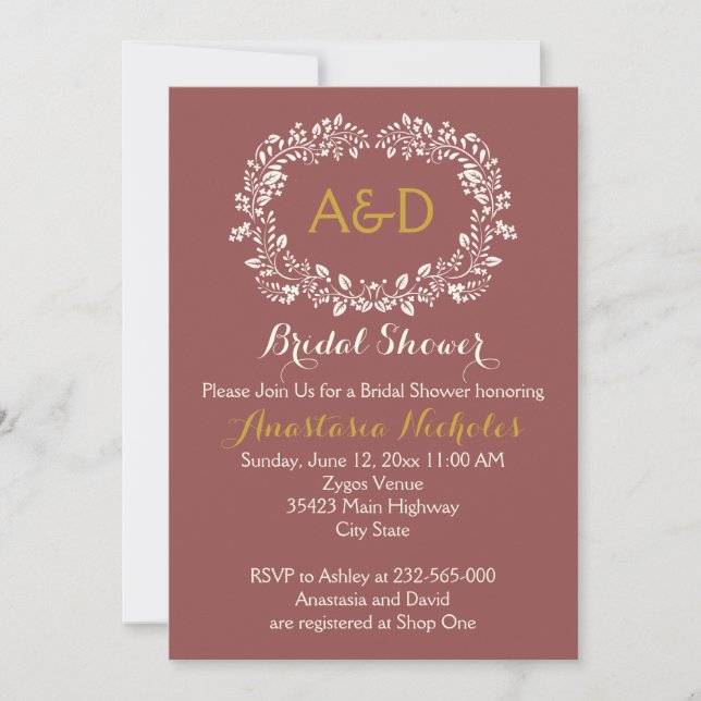 Invitación Marsala follage wreath boda ducha de novia (Anverso)