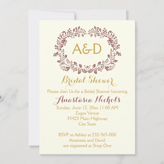 Invitación Marsala follaje e iniciales boda ducha de novia (Anverso)