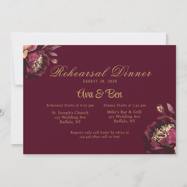 Invitación Marsala Gold Watercolor Peony Ensayo Cena (Anverso)