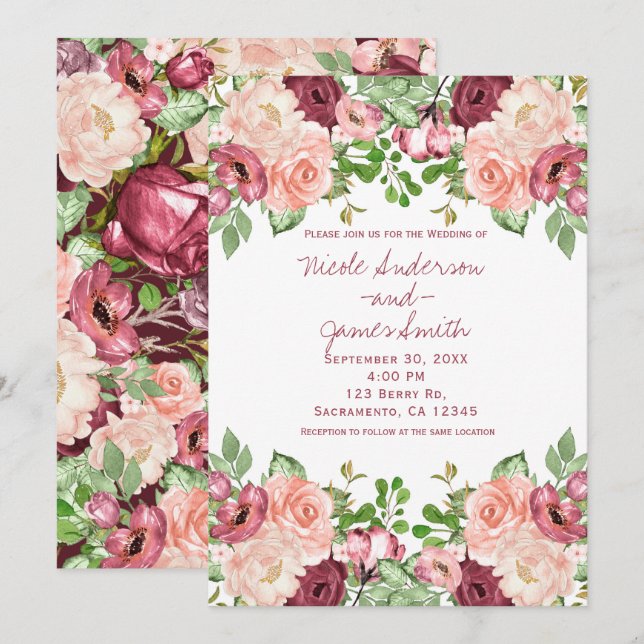 Invitación Marsala Maroon Burgundy Rústico Boda Floral (Anverso / Reverso)
