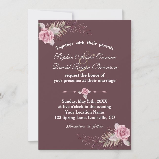 Invitación Marsala Maroon Floral Watercolor Wedding Invite (Anverso)