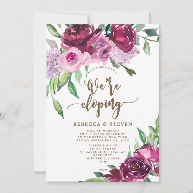 Invitación marsala morado floral elegante nos estamos fumando (Anverso)