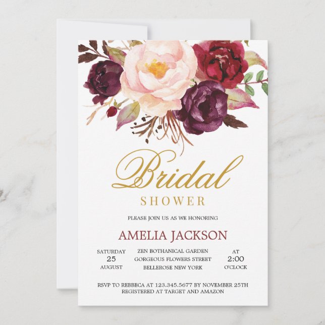 Invitación Marsala morbogavante rosa floral rosa y novia dora (Anverso)