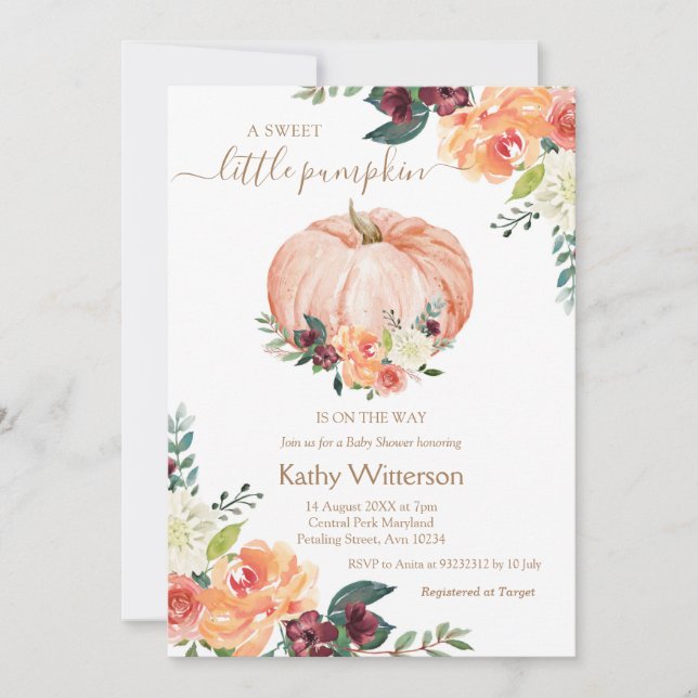 Invitación Marsala Naranja Floral Pumpkin Baby Shower (Anverso)