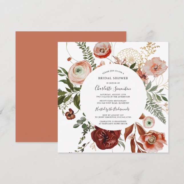 Invitación Marsala Naranja Rosa Floral Bridal Shower (Anverso / Reverso)