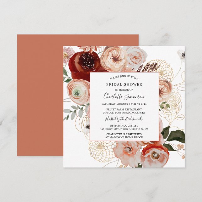 Invitación Marsala Naranja Rosa Floral Bridal Shower (Anverso / Reverso)
