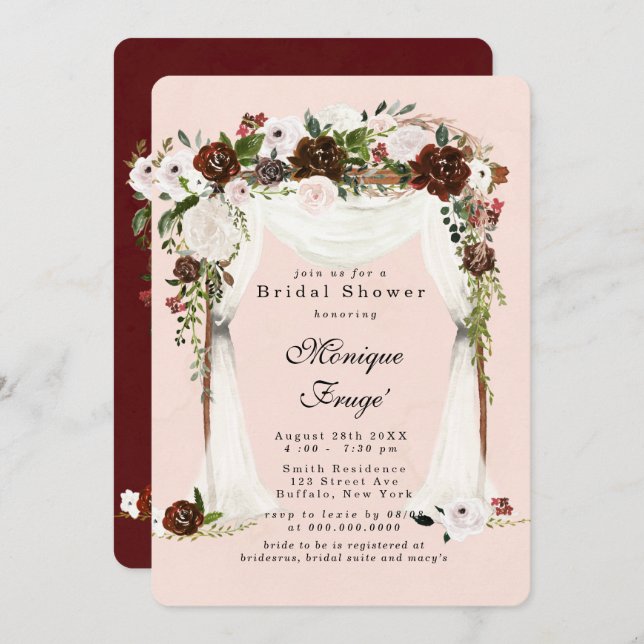 Invitación Marsala Pink Floral blanca Canopa Bridal Shower (Anverso / Reverso)