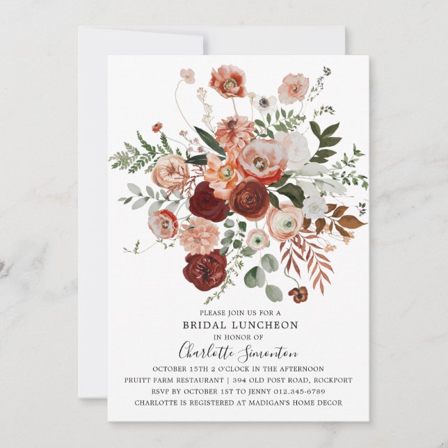 Invitación Marsala Pink Terracotta Floral Bridal Luncheon (Anverso)