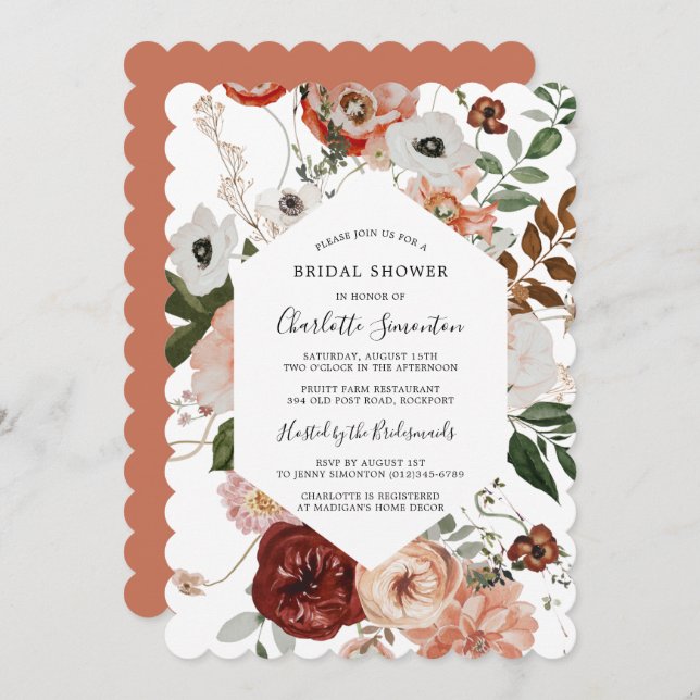 Invitación Marsala Pink Terracotta Floral Bridal Shower (Anverso / Reverso)