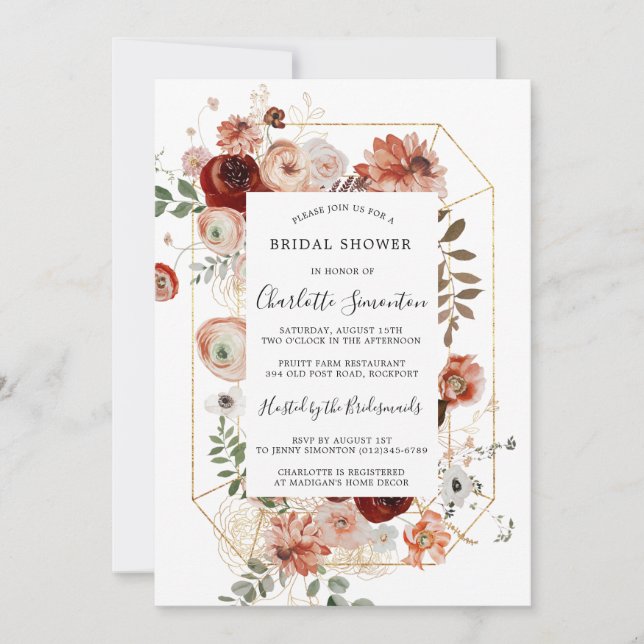 Invitación Marsala Pink Terracotta Floral Bridal Shower (Anverso)