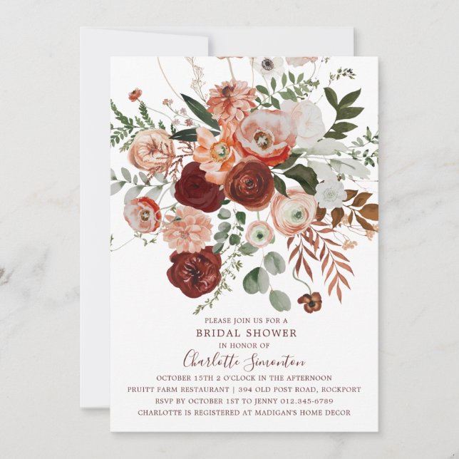 Invitación Marsala Pink Terracotta Floral Bridal Shower (Anverso)