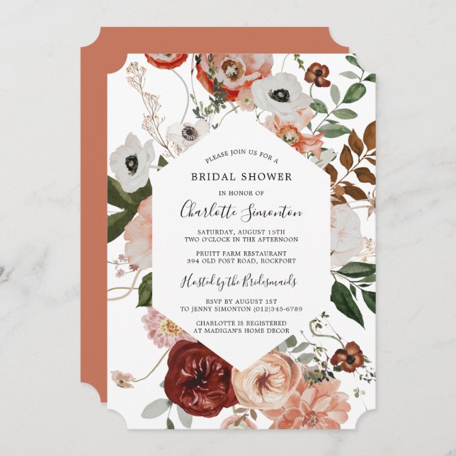 Invitación Marsala Pink Terracotta Floral Bridal Shower (Anverso / Reverso)