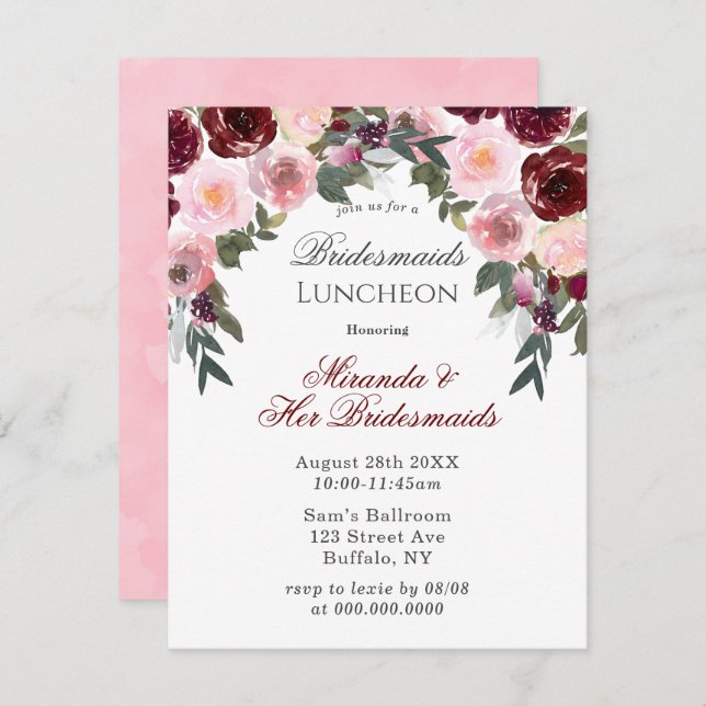 Invitación Marsala Pintada Rosa Pintada Novia Bridesmaids Lun (Anverso / Reverso)