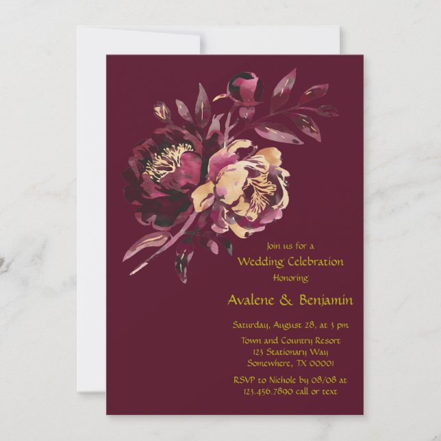 Invitación Marsala Red and Gold Peony Bouquet Boda (Anverso)