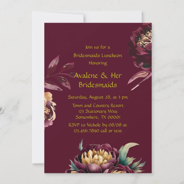 Invitación Marsala Red and Gold Peony Bridesmaids Luncheon (Anverso)