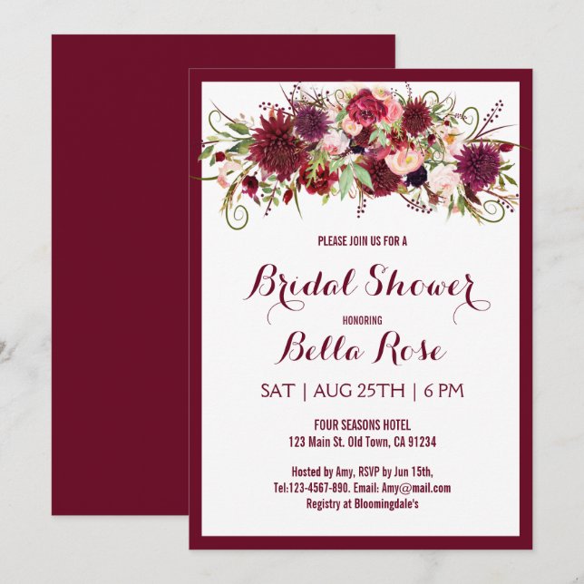 Invitación Marsala Red Burgundy Floral Bridal Shower Card (Anverso / Reverso)