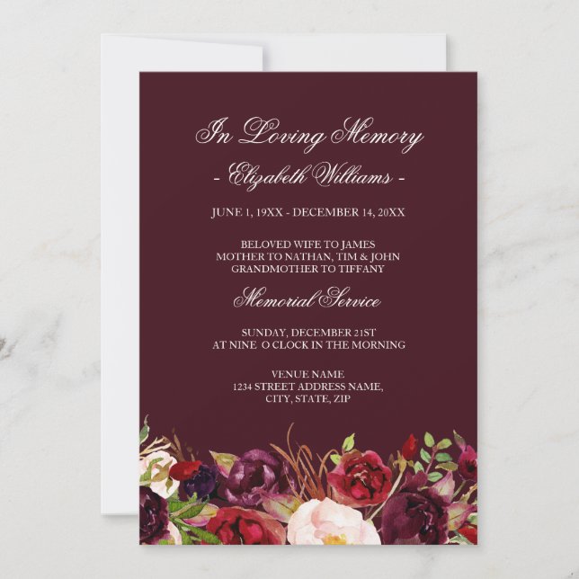 Invitación Marsala Red Burgundy Floral Memorial Service (Anverso)