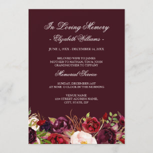 Invitación Marsala Red Burgundy Floral Memorial Service