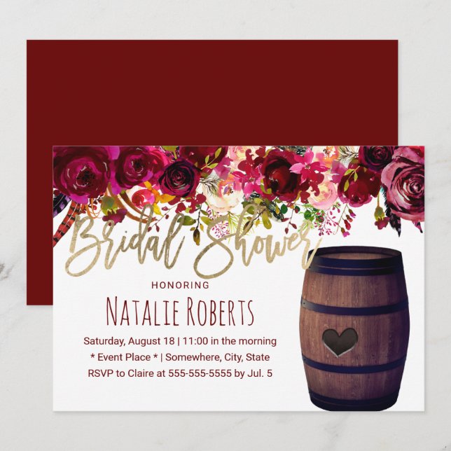 Invitación Marsala Red Floral Barrel Bridal Shower (Anverso / Reverso)