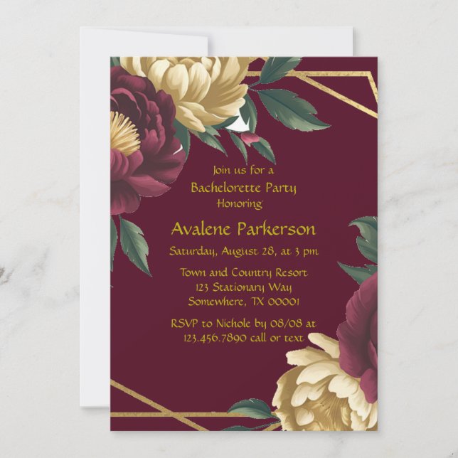 Invitación Marsala Red Gold Peony Geométrica Bachelorette (Anverso)