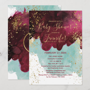 Invitación Marsala Red Verde azulado Watercolor Gold Baby Sho