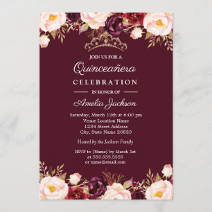 Invitación Marsala Rojo Borgoña Acuarela Floral Quinceañera