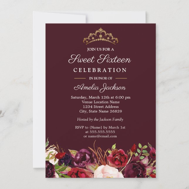 Invitación Marsala Rojo Borgoña Floral Dulce 16 (Anverso)