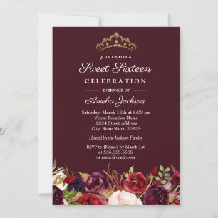 Invitación Marsala Rojo Borgoña Floral Dulce 16