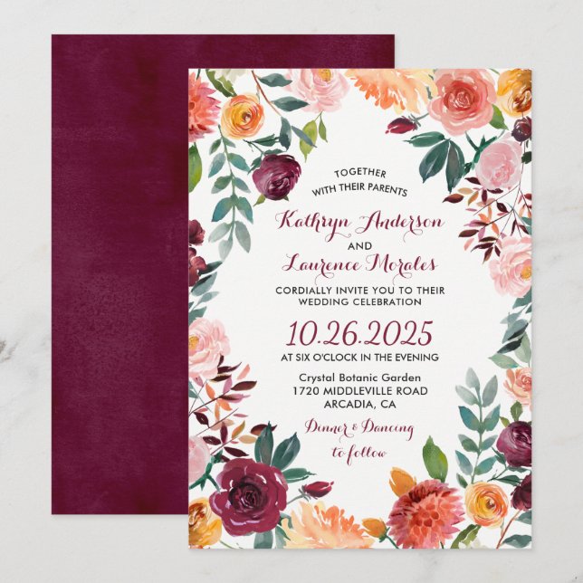 Invitación Marsala Rubor Boda de flores botánicas rosadas (Anverso / Reverso)