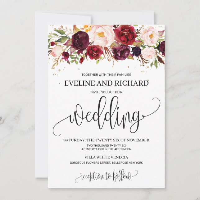 Invitación Marsala rústica moderna boda de boho floral (Anverso)