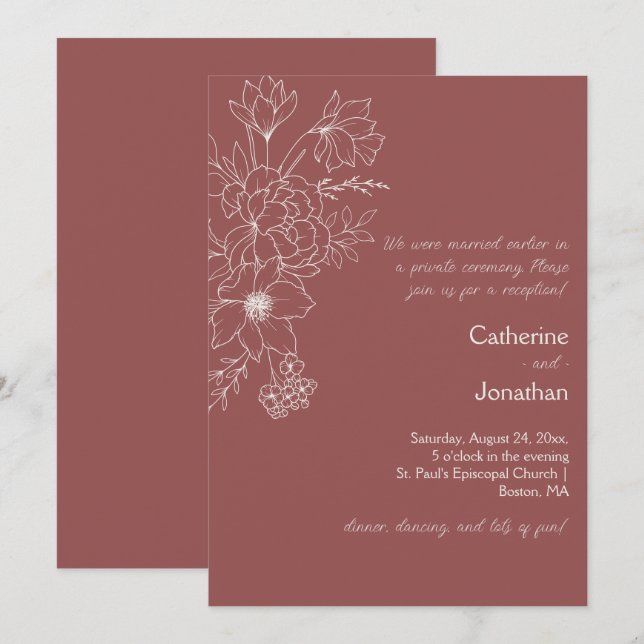 Invitación Marsala Vintage Line Drawn Floral Reception (Anverso / Reverso)