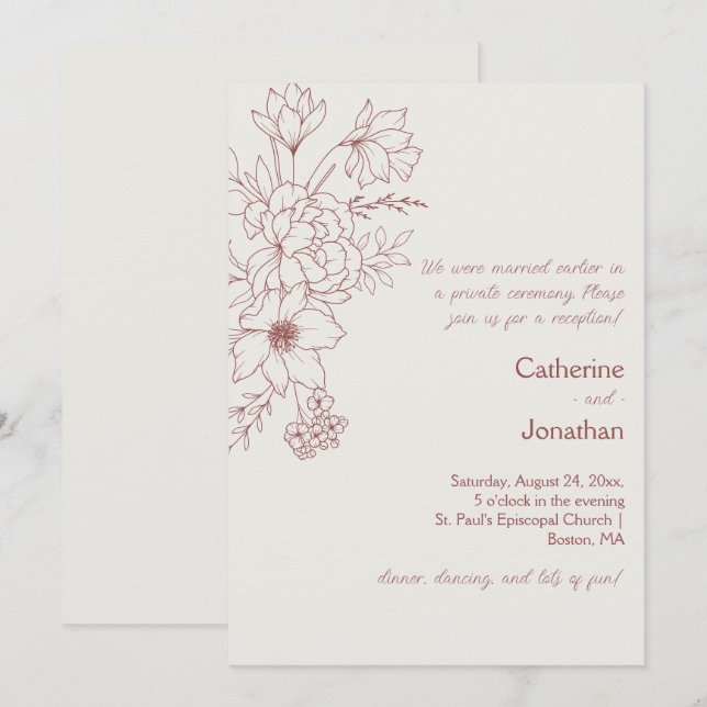 Invitación Marsala Vintage Line Drawn Floral Reception (Anverso / Reverso)