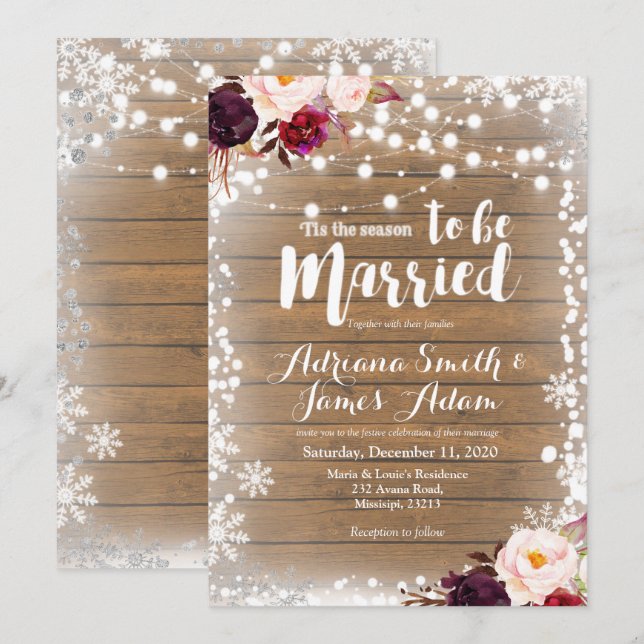 Invitación Marsala Winter Snowflakes Boda de vacaciones (Anverso / Reverso)