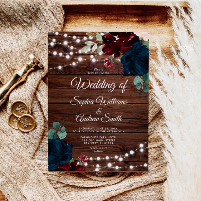 Invitación Marsala y Boda de Madera Rústica de Flores de Mari (Subido por el creador)