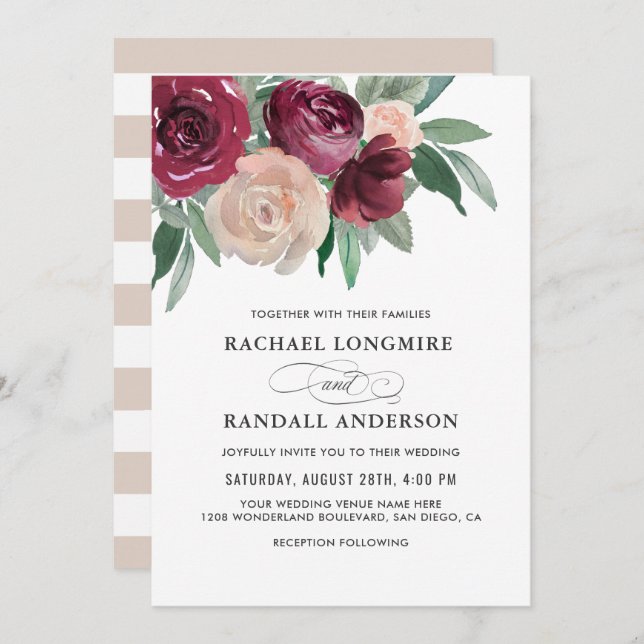 Invitación Marsala y Boda floral de acuarela rosa (Anverso / Reverso)