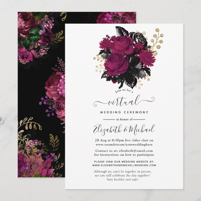 Invitación Marsala y Boda virtual de floral de oro (Anverso / Reverso)