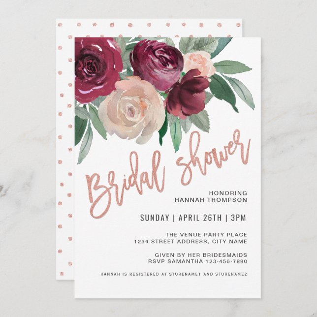 Invitación Marsala y ducha marrón rosa pálida de novia (Anverso / Reverso)
