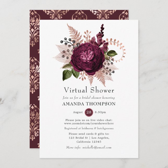 Invitación Marsala y ducha virtual con flores de oro Rosa (Anverso / Reverso)