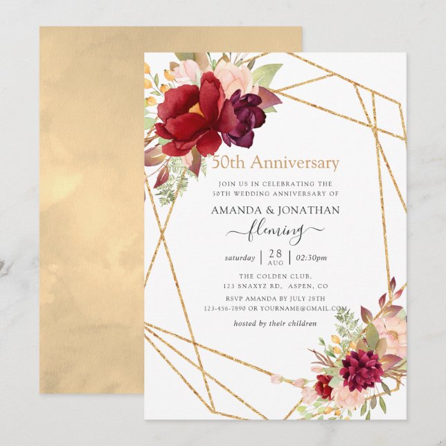 Invitación Marsala y el 50º aniversario Boda geométrico de Ru (Anverso / Reverso)